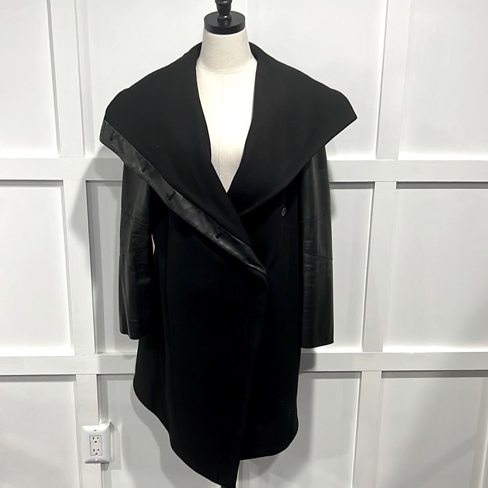 Helmet Lang Wool and Leather Knee Length Coat, L